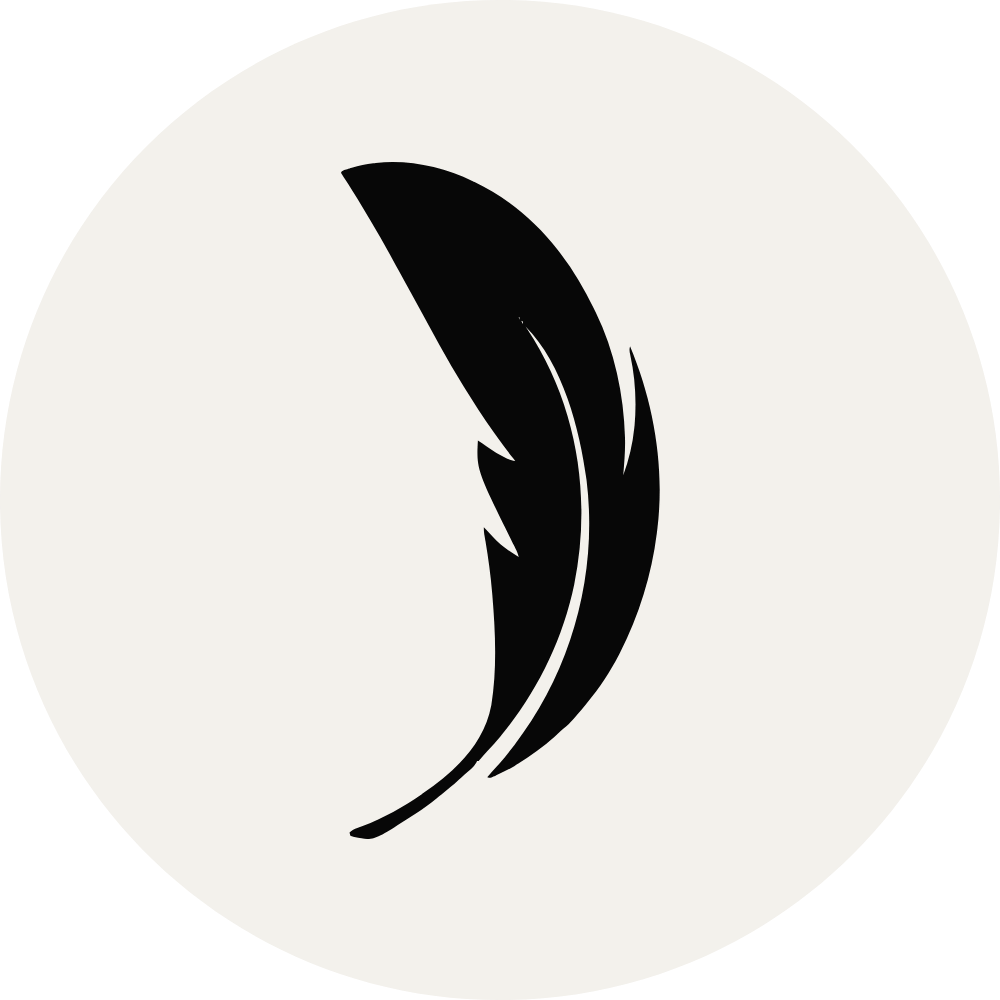 A black feather icon on a white circular background.