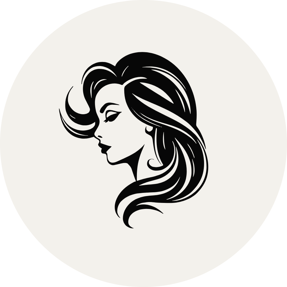 Silhouette of a woman with flowing hair in a circular frame.